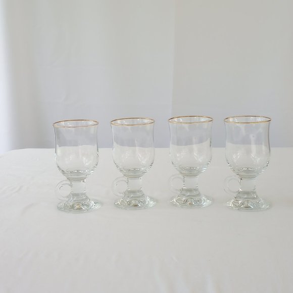 Set of 4 Irish Coffee/Wine/Tea Mugs Clear Glass with Gold Rim & Handles Glass's- - Picture 1 of 12